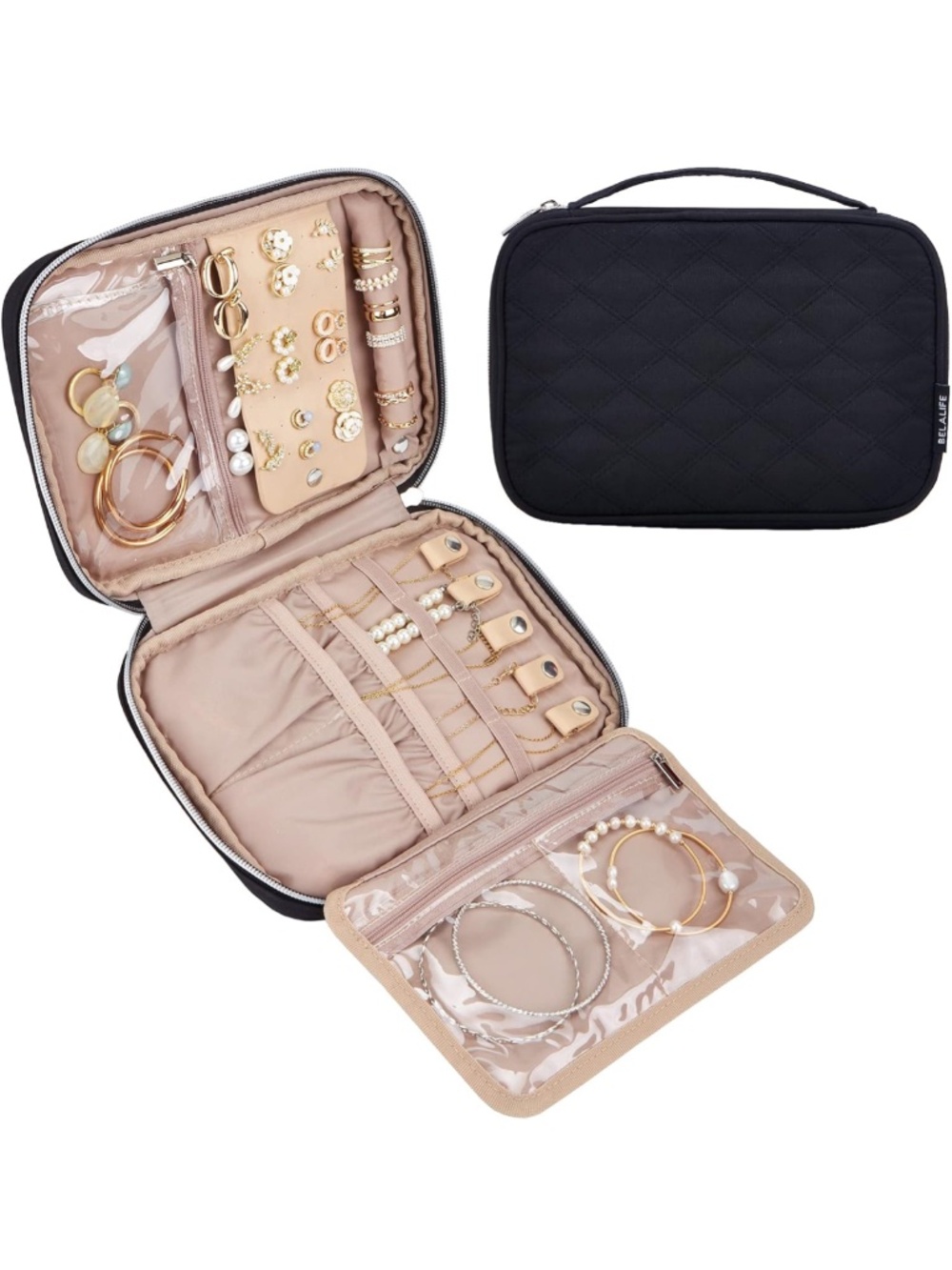 BELALIFE Black‎ Quilted Travel Jewelry Case Organizer NWOT